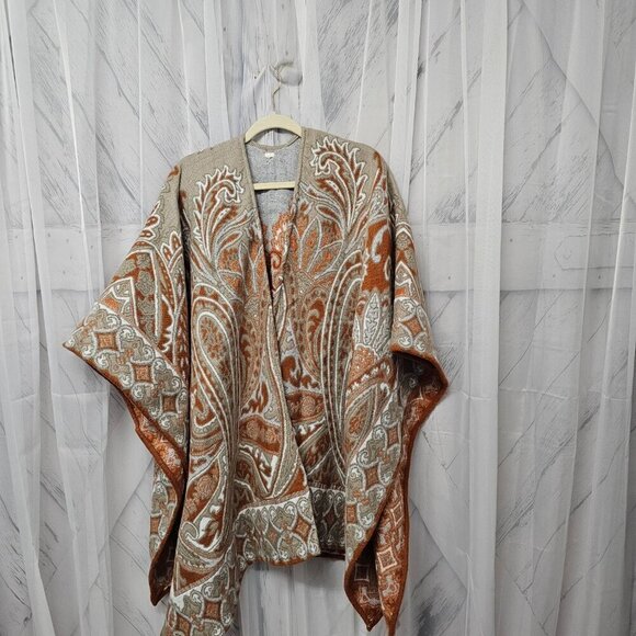 Unbranded Taupe Orange Reversible Paisley Boho Blanket Cape OSFA - Picture 13 of 14
